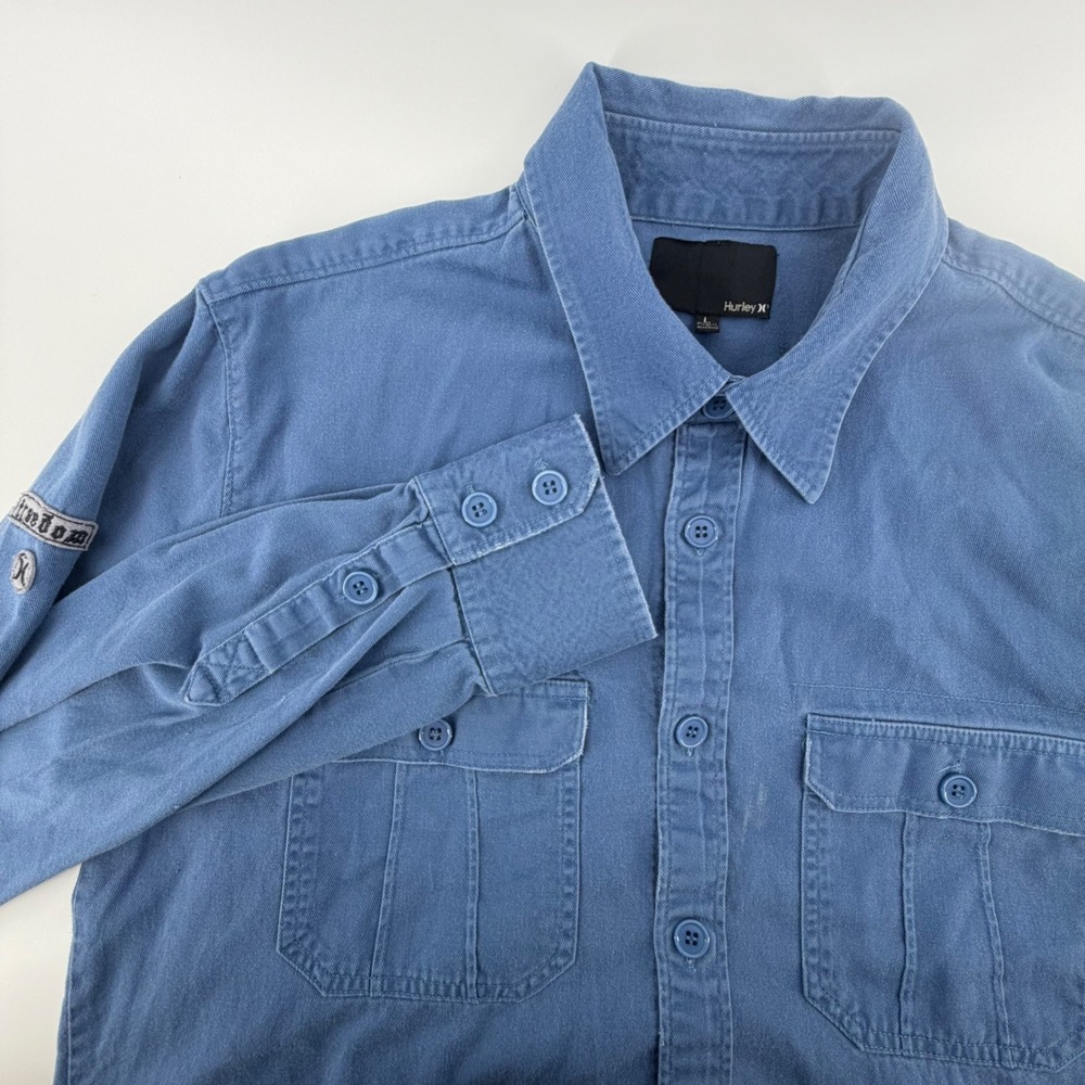 Hurley Mens Large Blue Long Sleeve Button Front‎ Cotton Work Shirt Dual Pockets